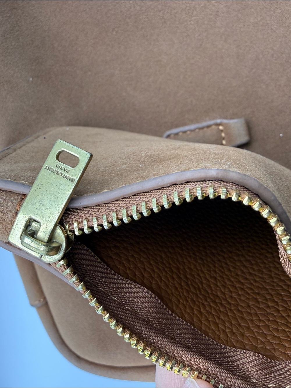 Designer Inspired Brown Suede Shoulder Bag with Gold Logo - Picture 7 of 7